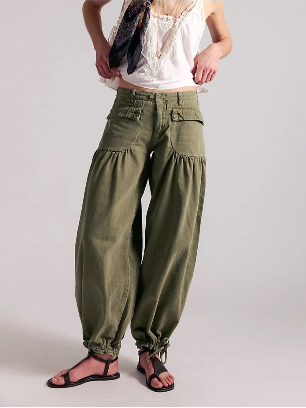 Free People Olive Green Wide-Leg Cargo Jeans